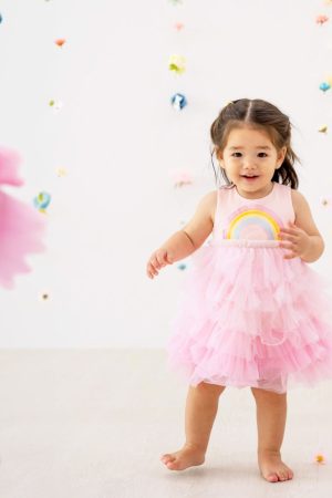 Party Series - Rainbow Tiered Dress in Pink by Le Petit Society