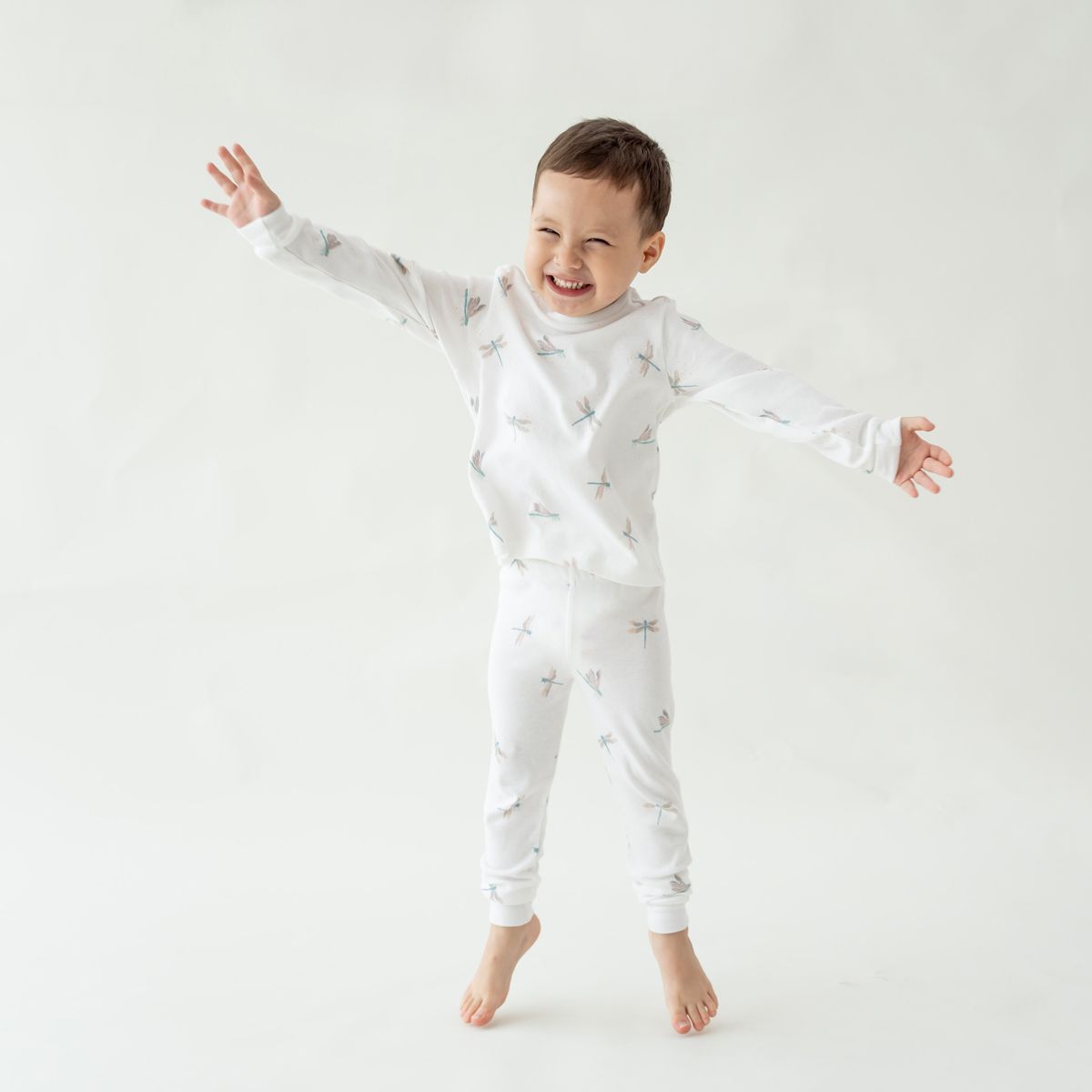 Kids Long Sleeve Organic Pyjamas Set in Dragonfly Print by Le Petit Society