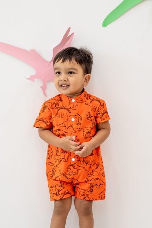 Made for Play - Kids Playsuit in Dino Sketch Print in Orange by Le Petit Society