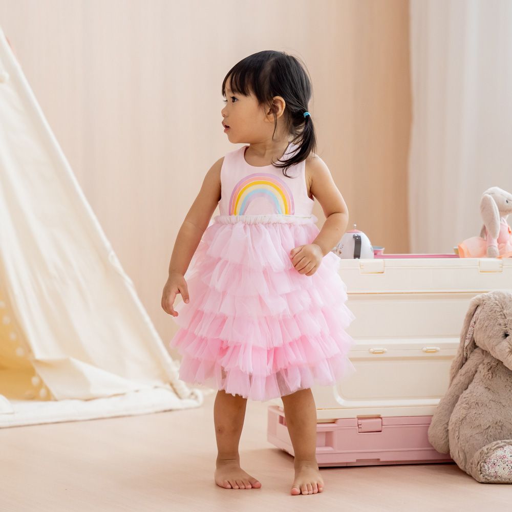 Party Series - Rainbow Tiered Dress in Pink by Le Petit Society - Image 2