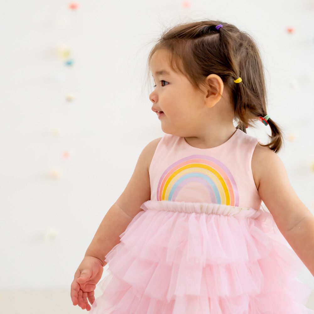 Party Series - Rainbow Tiered Dress in Pink by Le Petit Society - Image 4