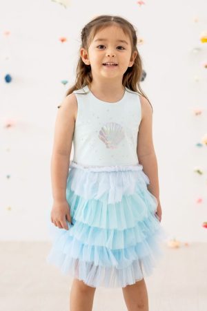 Party Series - Seashell Tiered Dress in Mint by Le Petit Society