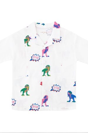 Made for Play - Boys Contrast Panel Shirt in T-Rex Print in White by Le Petit Society