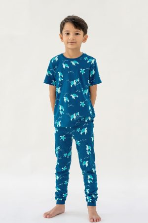 Kids Short Sleeves Organic Pyjamas Set in Turtle Print by Le Petit Society
