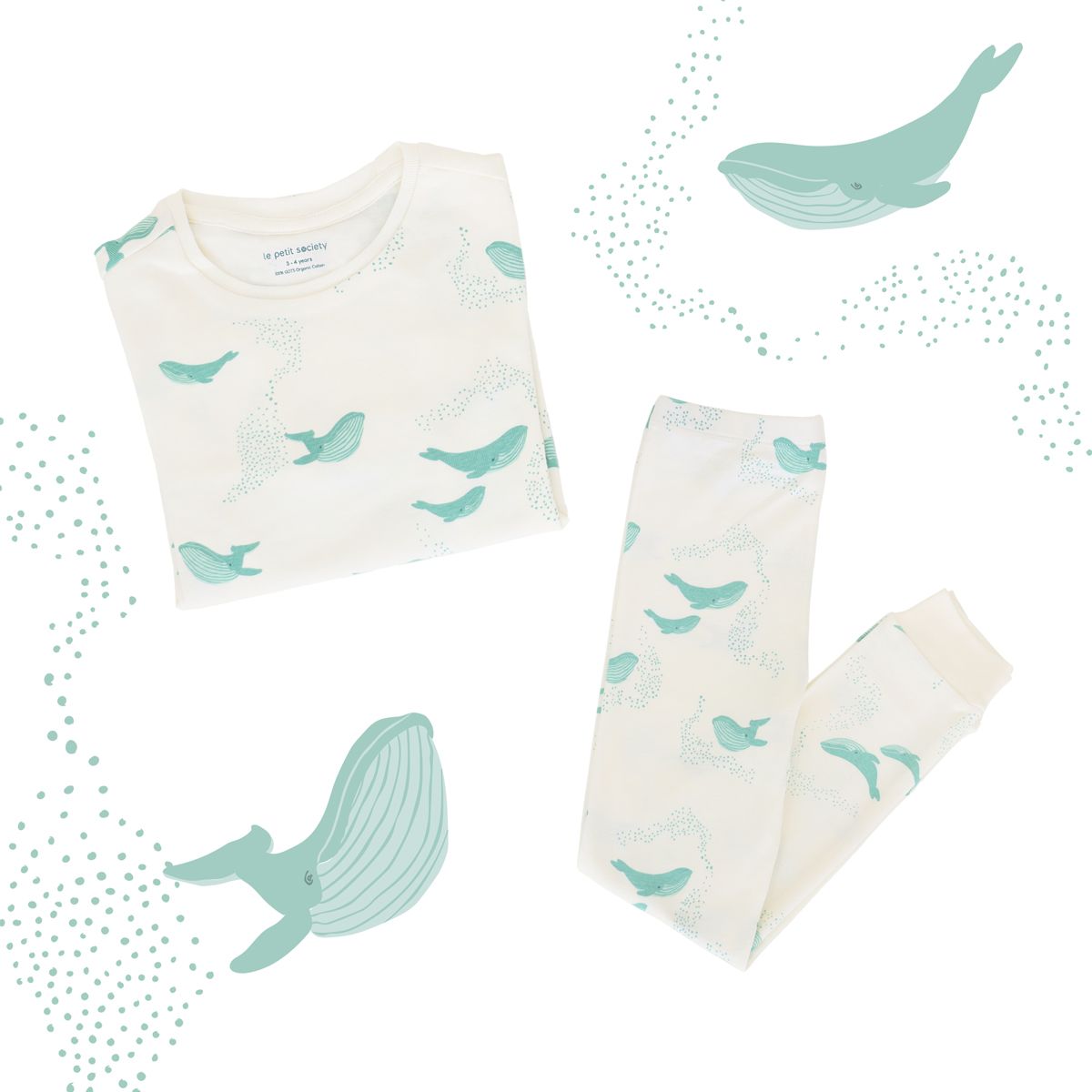 Kids Long Sleeve Organic Pyjamas Set in Whale Print by Le Petit Society - Image 4
